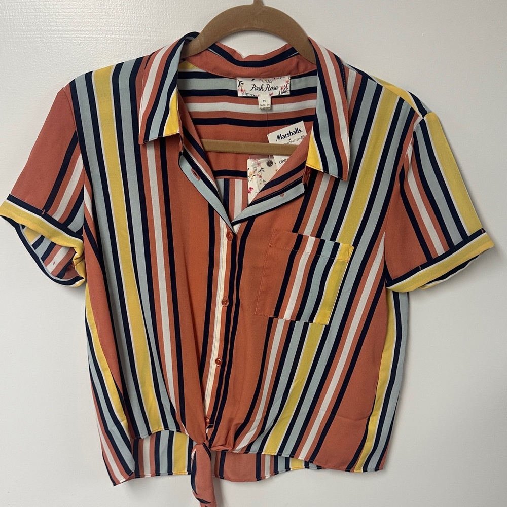 Pink Rose Multicolor Striped Tie-Front Button Down Shirt - Rust, Yellow, Navy